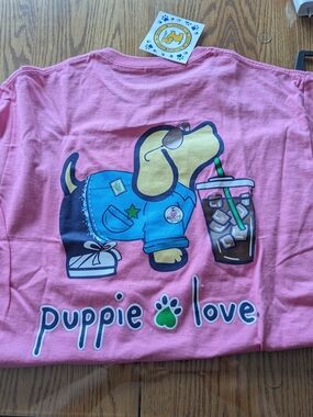 Puppie Love Women's Pink Short Sleeve Tee - Puppy Graphic